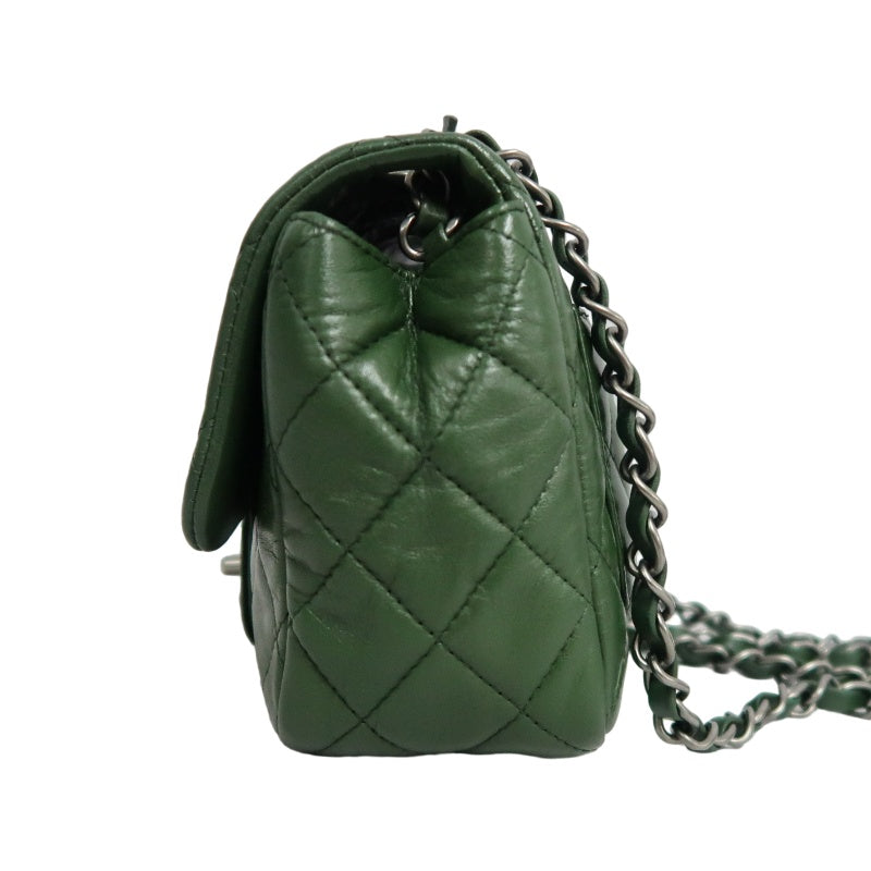 CHANEL Classic Flap Matelasse Lambskin Square Mini Crossbody Bag Green Silver Hardware