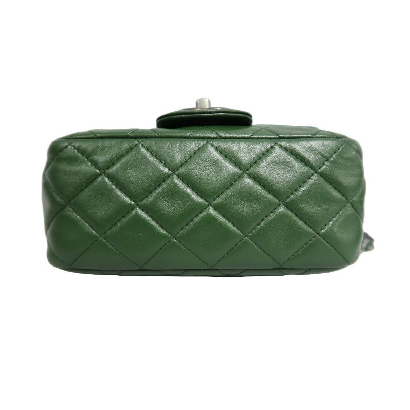CHANEL Classic Flap Matelasse Lambskin Square Mini Crossbody Bag Green Silver Hardware