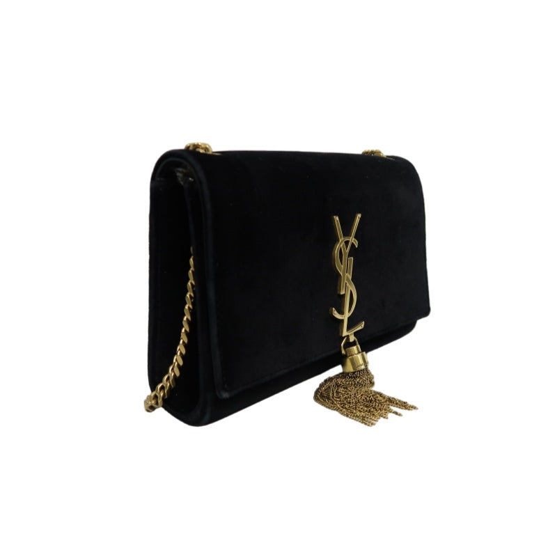 YVES SAINT LAURENT YSL Kate Tassel Velvet Chain Crossbody Bag Black Gold Hardware