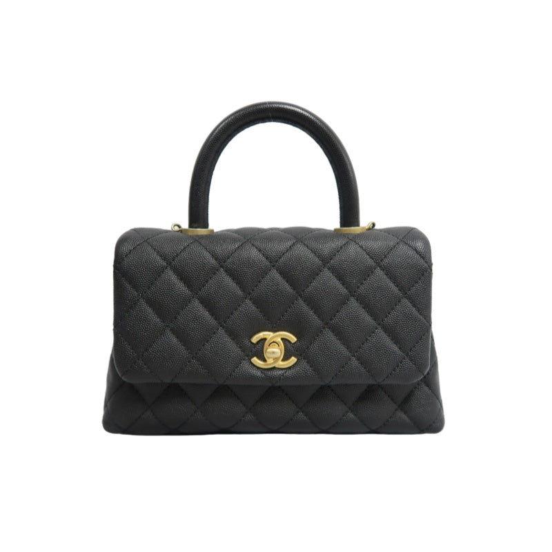 CHANEL Matelasse Coco Handle Caviar Leather Top Handle Bag Black Gold Hardware With shoulder straps