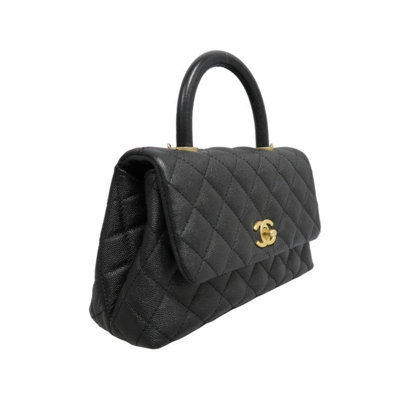 CHANEL Matelasse Coco Handle Caviar Leather Top Handle Bag Black Gold Hardware With shoulder straps