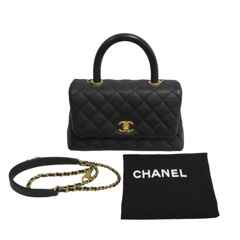 CHANEL Matelasse Coco Handle Caviar Leather Top Handle Bag Black Gold Hardware With shoulder straps