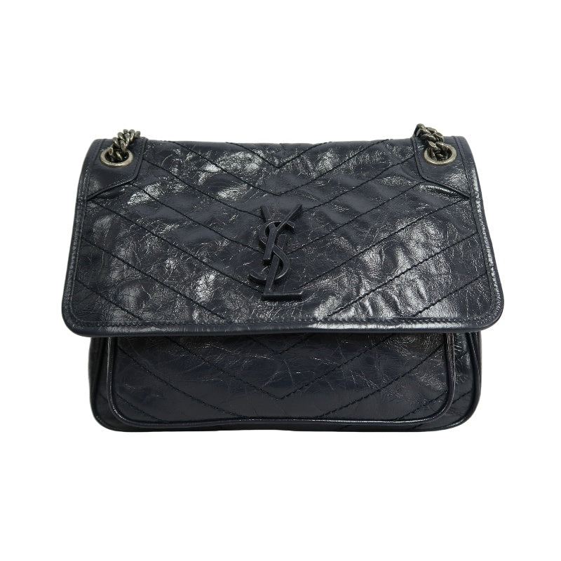 YVES SAINT LAURENT YSL NIKI Crinkled Waxed Leather Shoulder Bag Black