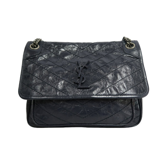 YVES SAINT LAURENT YSL NIKI Crinkled Waxed Leather Shoulder Bag Black