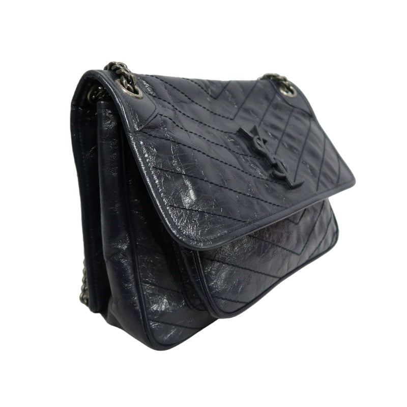 YVES SAINT LAURENT YSL NIKI Crinkled Waxed Leather Shoulder Bag Black