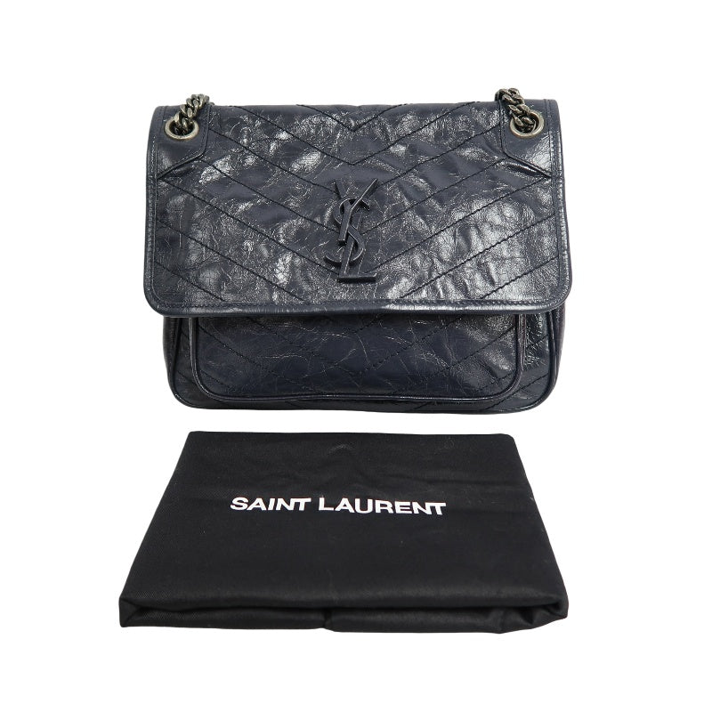 YVES SAINT LAURENT YSL NIKI Crinkled Waxed Leather Shoulder Bag Black