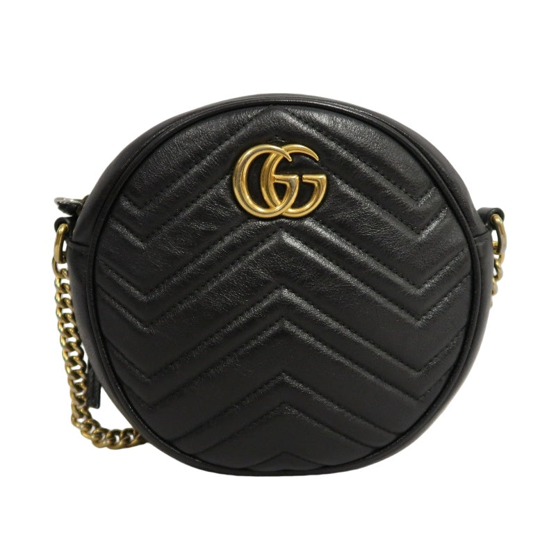 GUCCI GG Marmont Matelasse Lambskin Round Crossbody Bag Black Gold Hardware