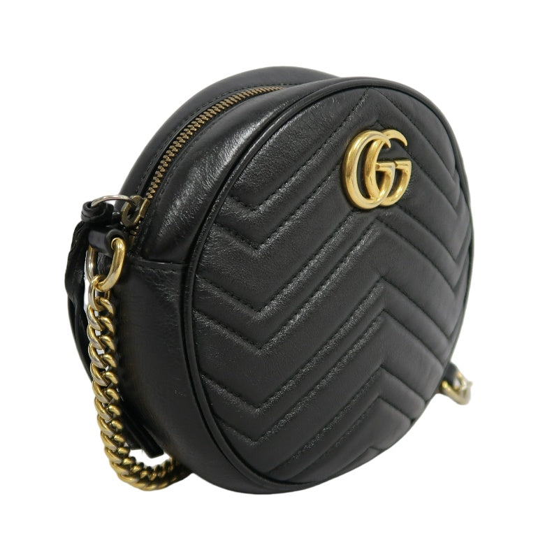 GUCCI GG Marmont Matelasse Lambskin Round Crossbody Bag Black Gold Hardware