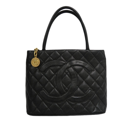 CHANEL Matelasse Vintage Caviar Leather Hilton Tote Shoulder Bag Black Gold Hardware