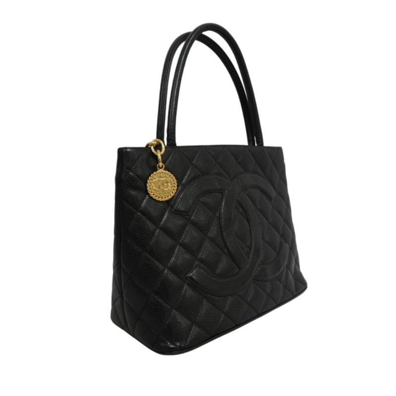 CHANEL Matelasse Vintage Caviar Leather Hilton Tote Shoulder Bag Black Gold Hardware
