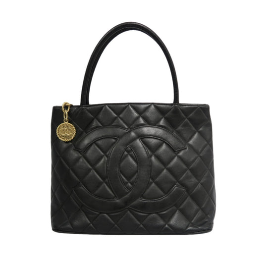 CHANEL Matelasse Vintage Caviar Leather Hilton Tote Shoulder Bag Black Gold Hardware