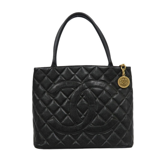 CHANEL Matelasse Vintage Caviar Leather Hilton Tote Shoulder Bag Black Gold Hardware