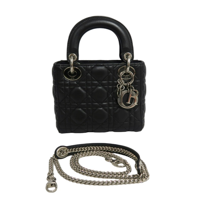 DIOR Lady Dior Cannage Quilted Lambskin Handbag Black Gold Hardware With Shoulder Strap