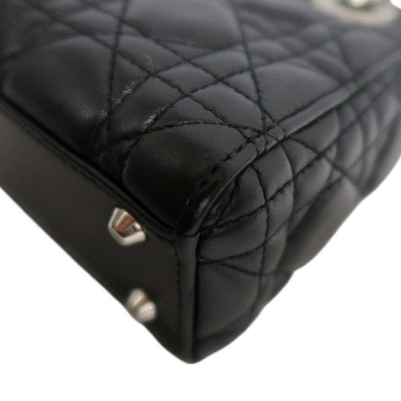 DIOR Lady Dior Cannage Quilted Lambskin Handbag Black Gold Hardware With Shoulder Strap