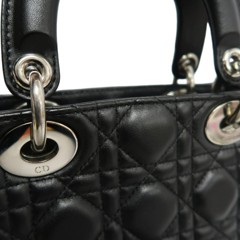 DIOR Lady Dior Cannage Quilted Lambskin Handbag Black Gold Hardware With Shoulder Strap
