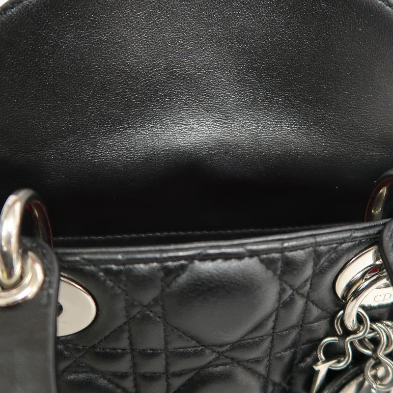 DIOR Lady Dior Cannage Quilted Lambskin Handbag Black Gold Hardware With Shoulder Strap