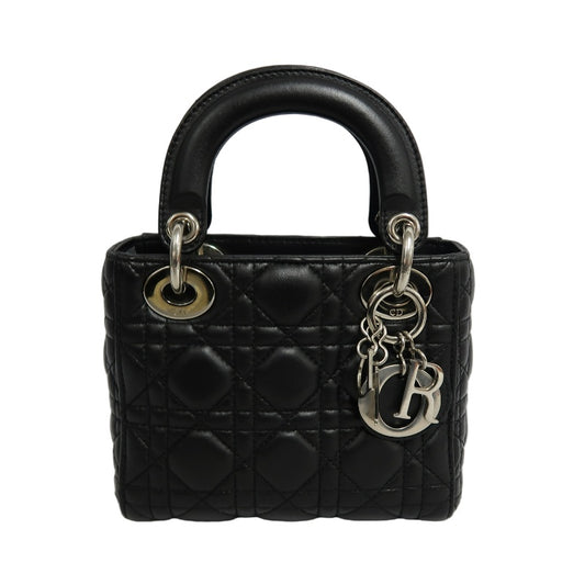 DIOR Lady Dior Cannage Quilted Lambskin Handbag Black Gold Hardware With Shoulder Strap