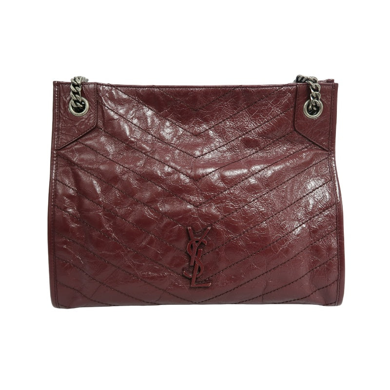 YVES SAINT LAURENT YSL Niki Leather Tote Shoulder Bag Burgundy Waxed Leather