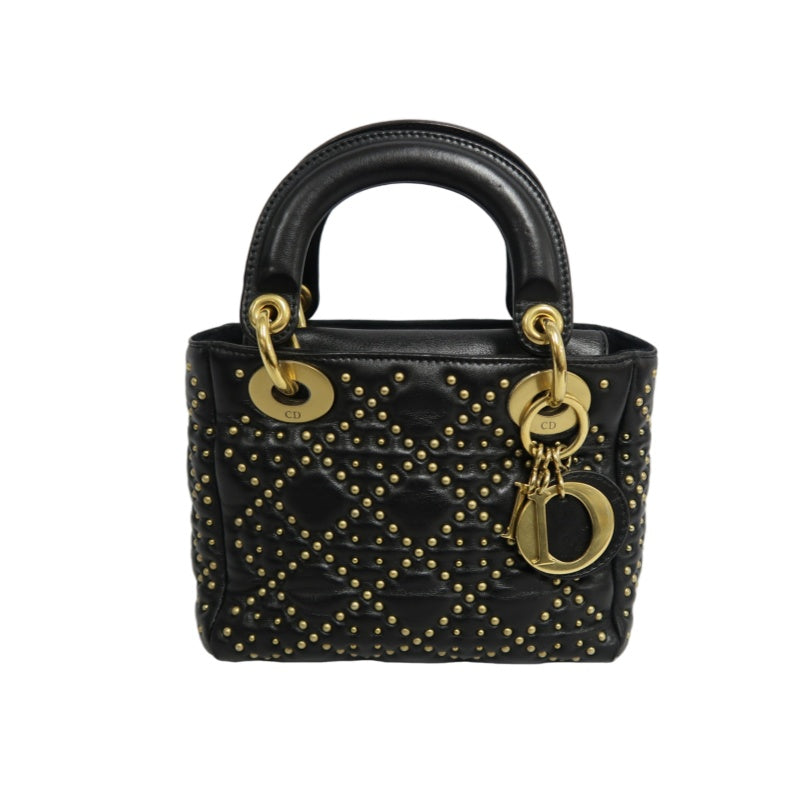 DIOR Lady Dior Cannage Quilted Studded Lambskin Handbag Black Gold Hardware With Shoulder Strap