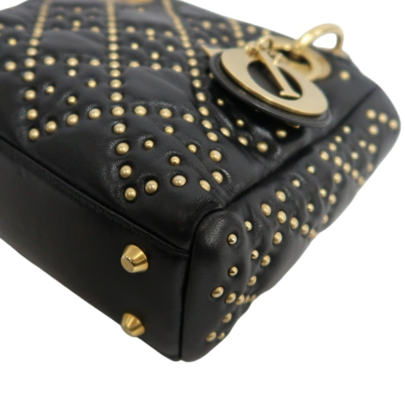 DIOR Lady Dior Cannage Quilted Studded Lambskin Handbag Black Gold Hardware With Shoulder Strap
