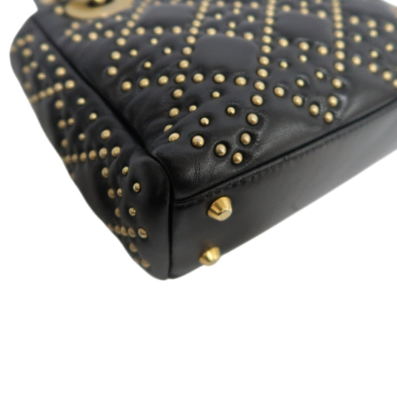 DIOR Lady Dior Cannage Quilted Studded Lambskin Handbag Black Gold Hardware With Shoulder Strap