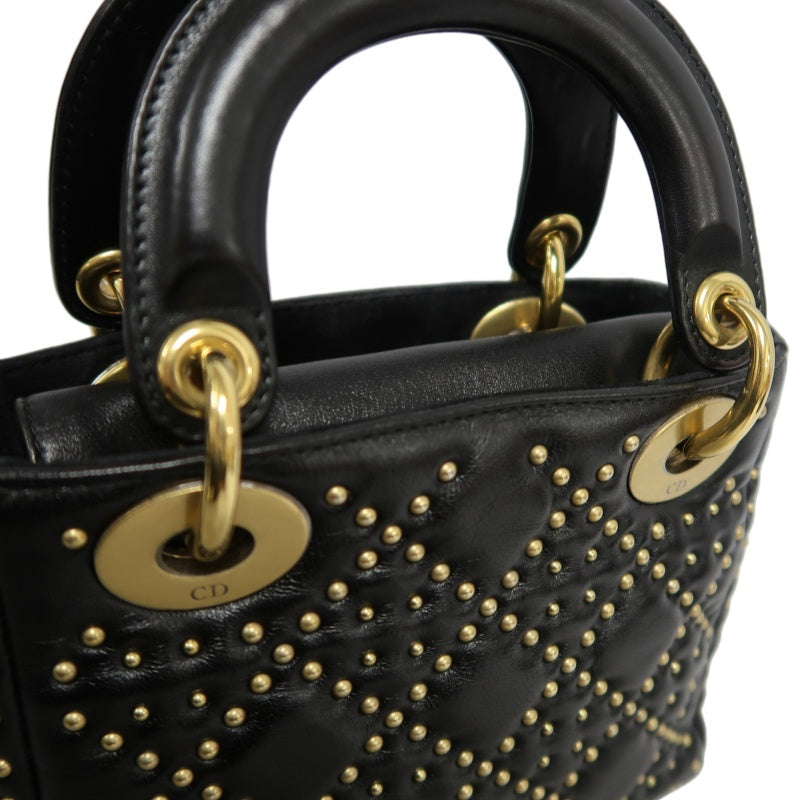 DIOR Lady Dior Cannage Quilted Studded Lambskin Handbag Black Gold Hardware With Shoulder Strap