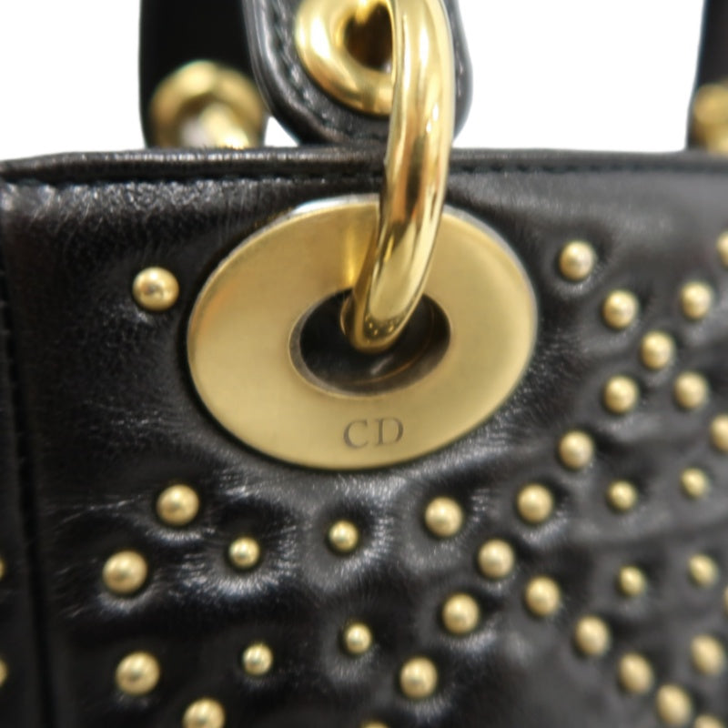 DIOR Lady Dior Cannage Quilted Studded Lambskin Handbag Black Gold Hardware With Shoulder Strap