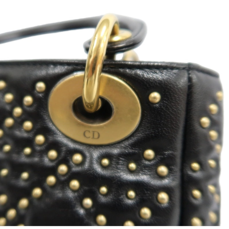 DIOR Lady Dior Cannage Quilted Studded Lambskin Handbag Black Gold Hardware With Shoulder Strap
