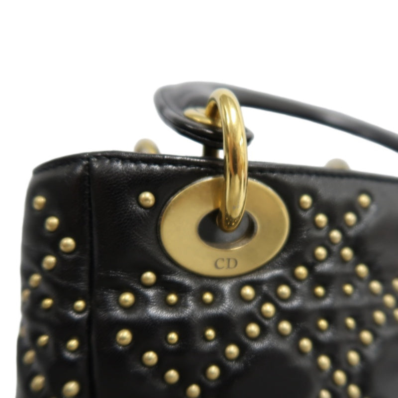 DIOR Lady Dior Cannage Quilted Studded Lambskin Handbag Black Gold Hardware With Shoulder Strap
