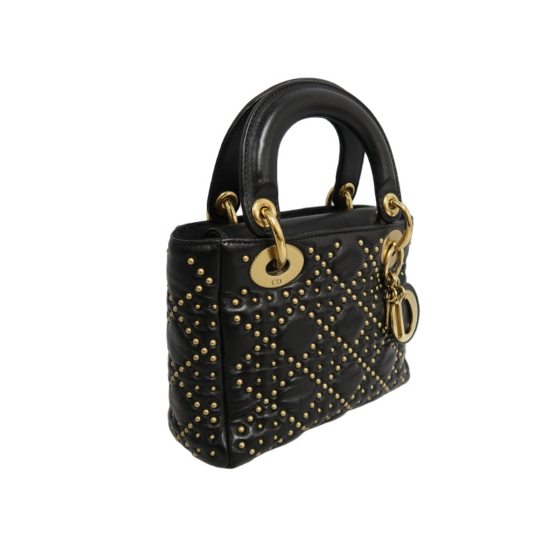 DIOR Lady Dior Cannage Quilted Studded Lambskin Handbag Black Gold Hardware With Shoulder Strap
