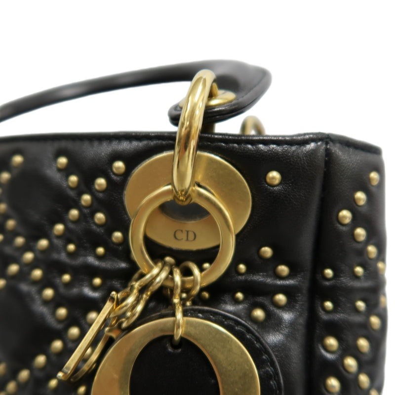 DIOR Lady Dior Cannage Quilted Studded Lambskin Handbag Black Gold Hardware With Shoulder Strap