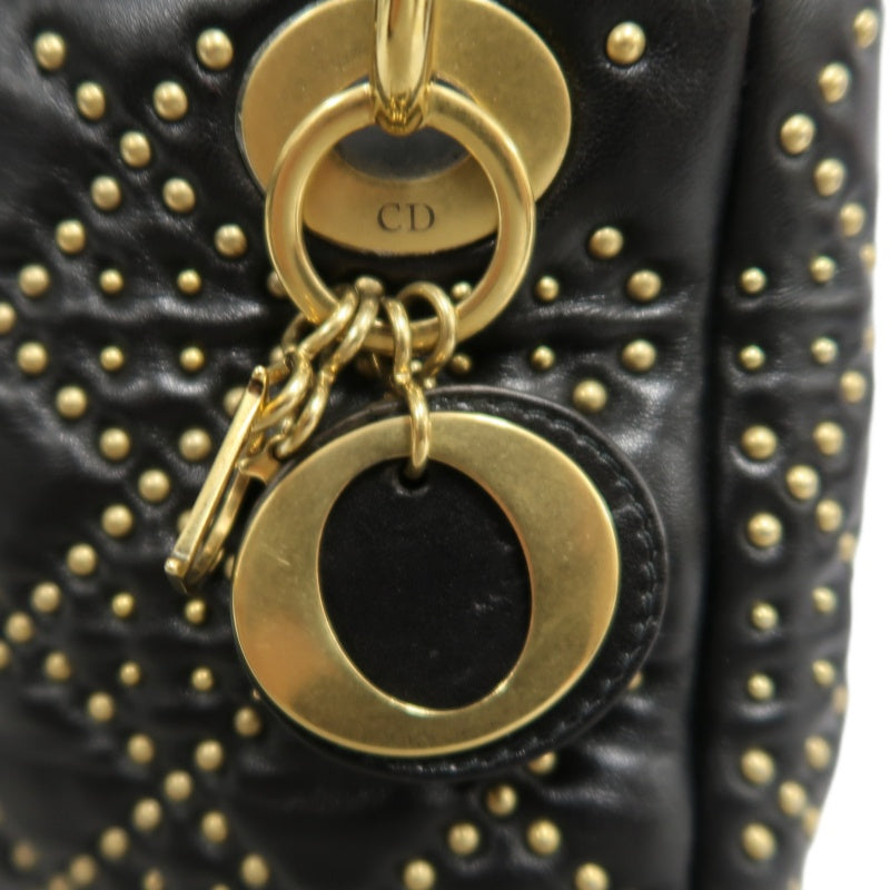DIOR Lady Dior Cannage Quilted Studded Lambskin Handbag Black Gold Hardware With Shoulder Strap