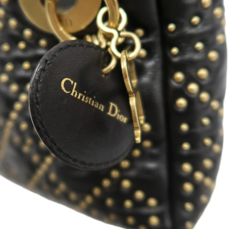 DIOR Lady Dior Cannage Quilted Studded Lambskin Handbag Black Gold Hardware With Shoulder Strap