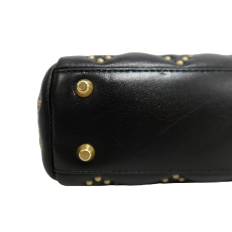 DIOR Lady Dior Cannage Quilted Studded Lambskin Handbag Black Gold Hardware With Shoulder Strap