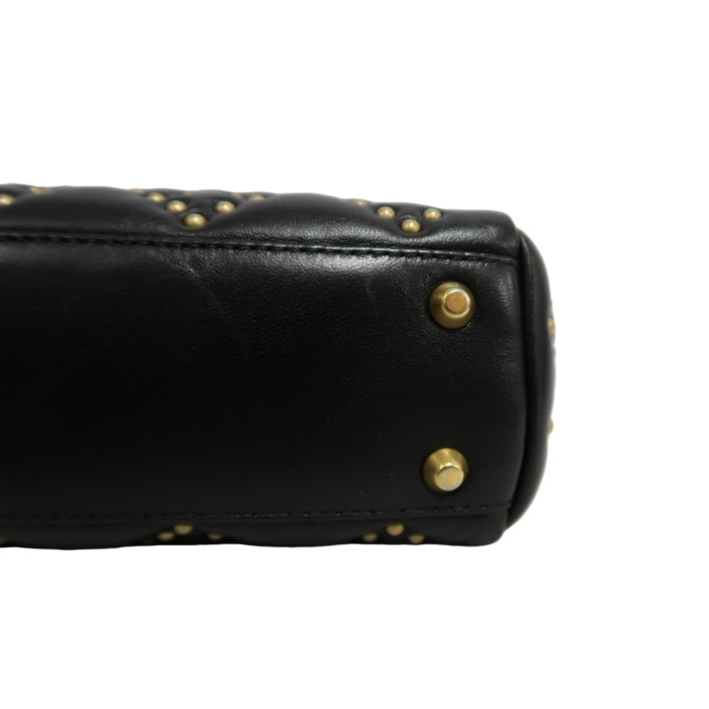 DIOR Lady Dior Cannage Quilted Studded Lambskin Handbag Black Gold Hardware With Shoulder Strap