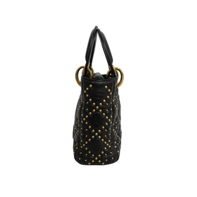 DIOR Lady Dior Cannage Quilted Studded Lambskin Handbag Black Gold Hardware With Shoulder Strap