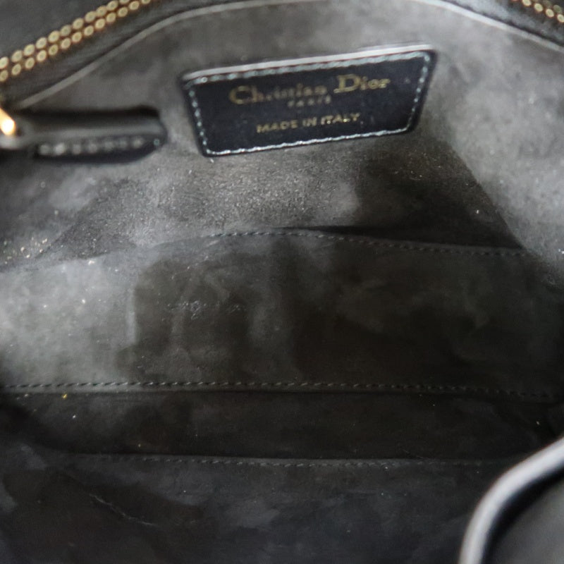DIOR Lady Dior Cannage Quilted Studded Lambskin Handbag Black Gold Hardware With Shoulder Strap