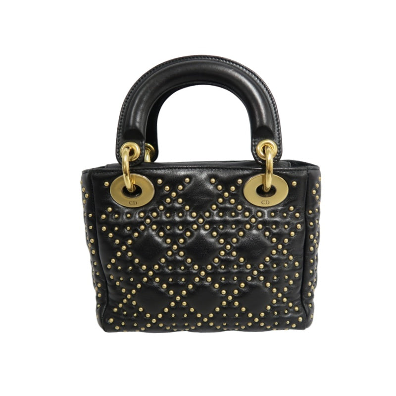 DIOR Lady Dior Cannage Quilted Studded Lambskin Handbag Black Gold Hardware With Shoulder Strap