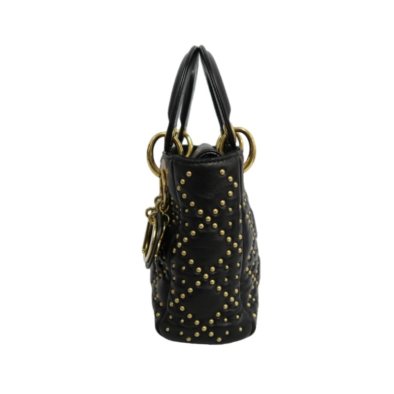 DIOR Lady Dior Cannage Quilted Studded Lambskin Handbag Black Gold Hardware With Shoulder Strap