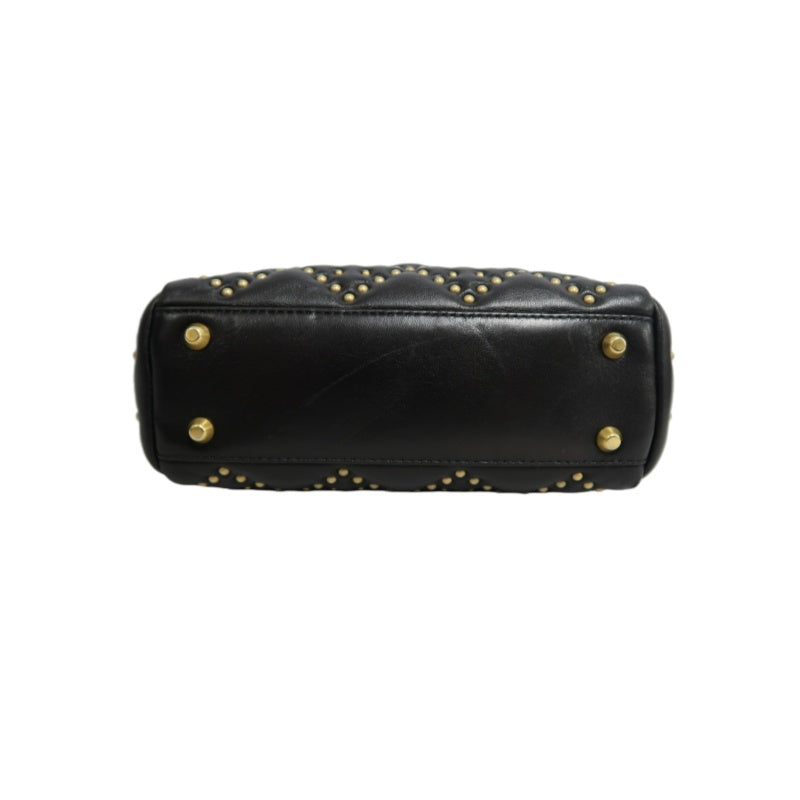 DIOR Lady Dior Cannage Quilted Studded Lambskin Handbag Black Gold Hardware With Shoulder Strap