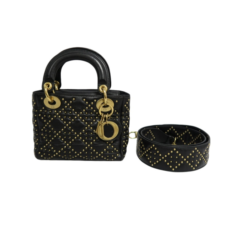 DIOR Lady Dior Cannage Quilted Studded Lambskin Handbag Black Gold Hardware With Shoulder Strap