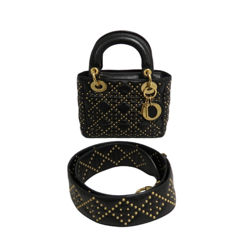 DIOR Lady Dior Cannage Quilted Studded Lambskin Handbag Black Gold Hardware With Shoulder Strap
