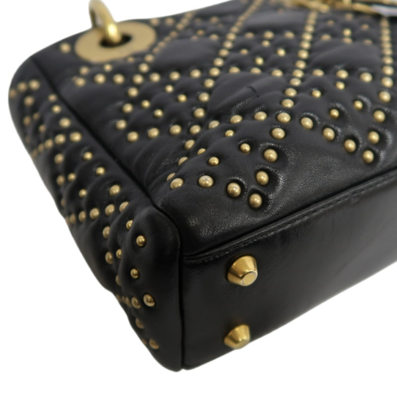 DIOR Lady Dior Cannage Quilted Studded Lambskin Handbag Black Gold Hardware With Shoulder Strap