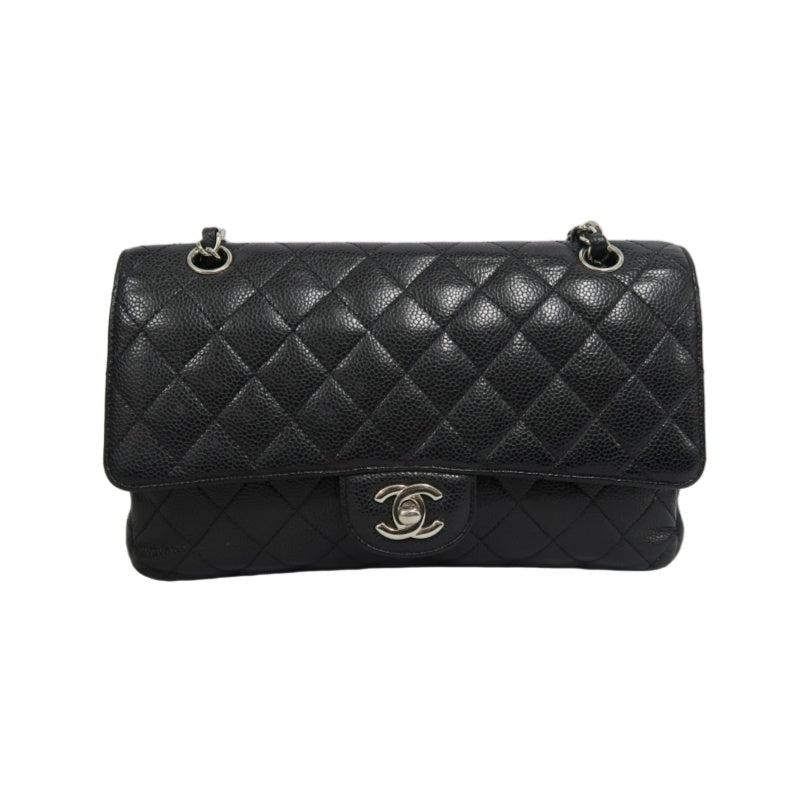 CHANEL Classic Flap Matelasse Caviar Leather Shoulder Bag Black Silver Hardware