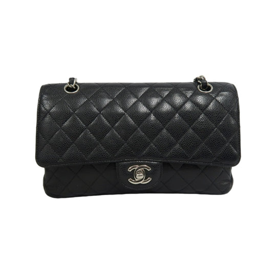 CHANEL Classic Flap Matelasse Caviar Leather Shoulder Bag Black Silver Hardware