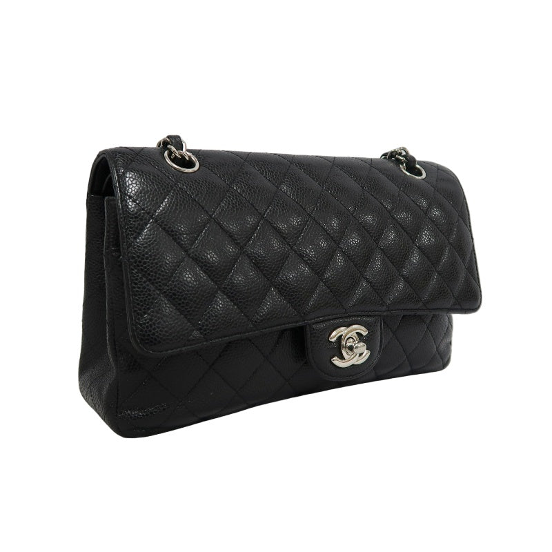 CHANEL Classic Flap Matelasse Caviar Leather Shoulder Bag Black Silver Hardware