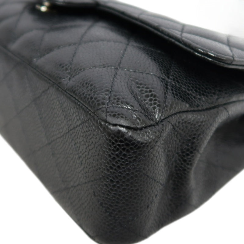 CHANEL Classic Flap Matelasse Caviar Leather Shoulder Bag Black Silver Hardware