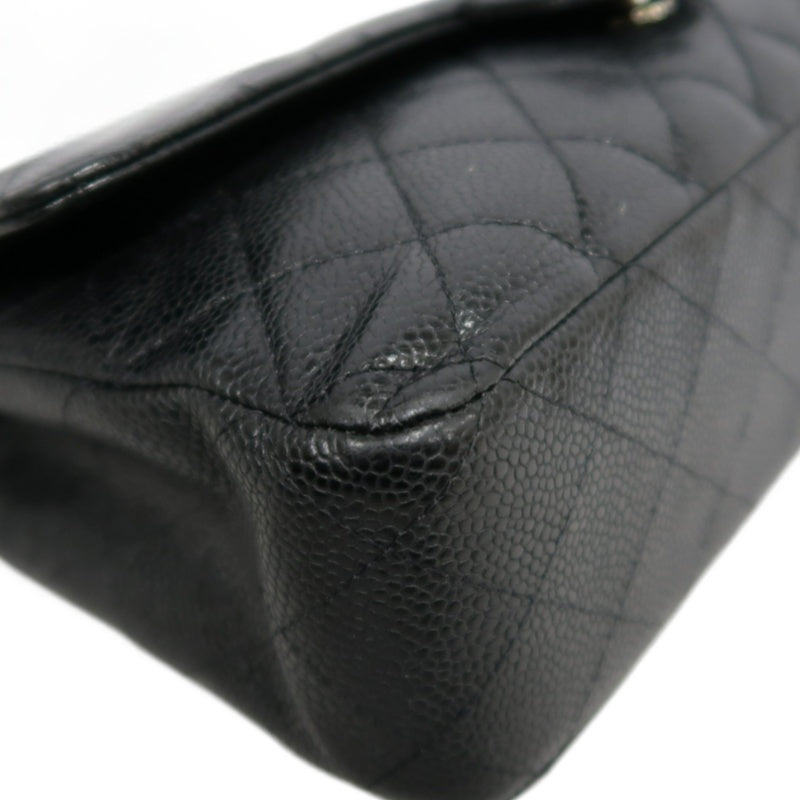 CHANEL Classic Flap Matelasse Caviar Leather Shoulder Bag Black Silver Hardware