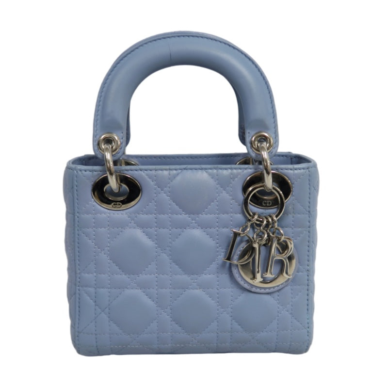 DIOR Lady Dior Cannage Quilted Lambskin Handbag Foggy Blue Gold Hardware With Shoulder Strap