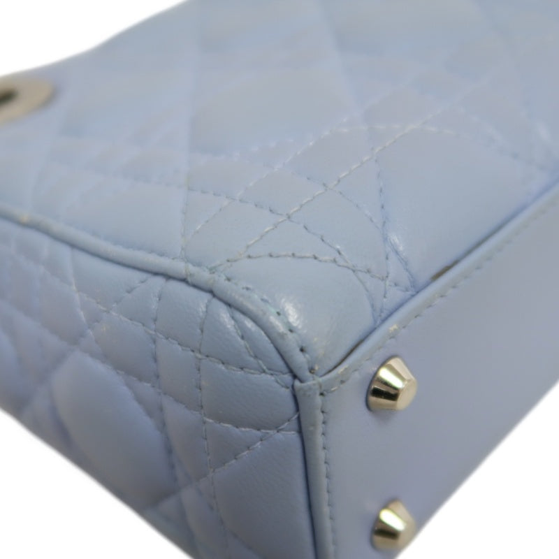 DIOR Lady Dior Cannage Quilted Lambskin Handbag Foggy Blue Gold Hardware With Shoulder Strap